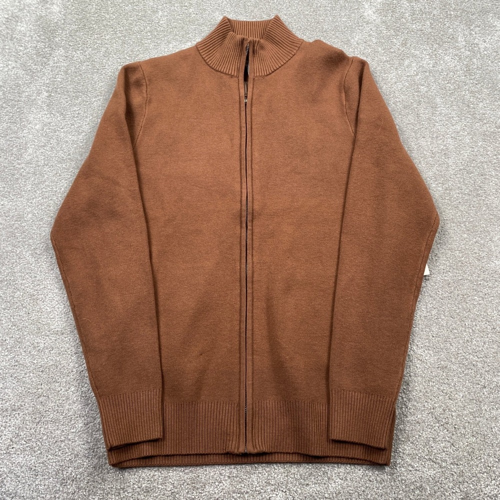 Thom Aaron Mens Bison Brown Mock Neck Full Zip Knit Sweater Small NEW